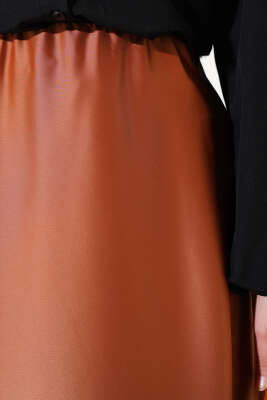 Beli Lastikli Kloş Saten Etek Latte - Uzun Etek