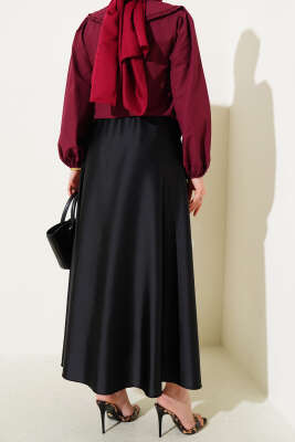 Beli Lastikli Kloş Saten Etek Siyah - Uzun Etek