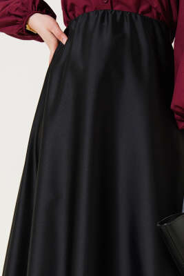 Beli Lastikli Kloş Saten Etek Siyah - Uzun Etek