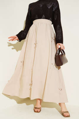 Beli Lastikli Kurdele Detaylı Etek Bej - ALİ AKKAYA