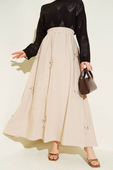 Beli Lastikli Kurdele Detaylı Etek Bej - Etek