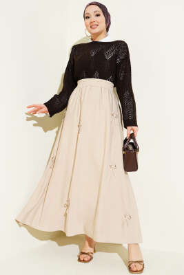 Beli Lastikli Kurdele Detaylı Etek Bej - Etek
