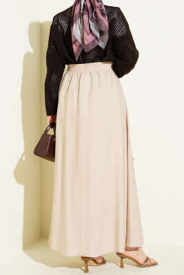 Beli Lastikli Kurdele Detaylı Etek Bej - Etek