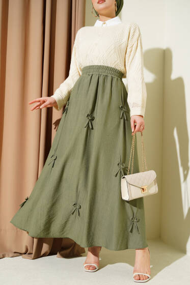 Beli Lastikli Kurdele Detaylı Etek Haki - Etek