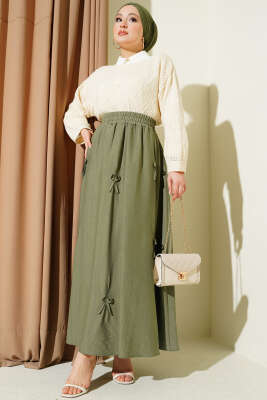 Beli Lastikli Kurdele Detaylı Etek Haki - Etek
