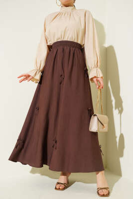Beli Lastikli Kurdele Detaylı Etek Kahve - ALİ AKKAYA