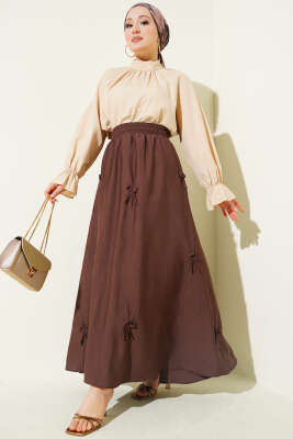 Beli Lastikli Kurdele Detaylı Etek Kahve - Etek