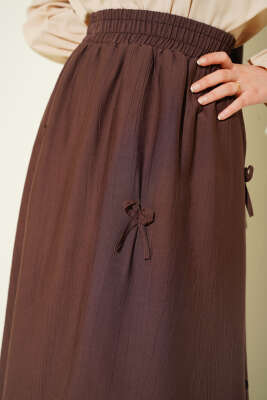 Beli Lastikli Kurdele Detaylı Etek Kahve - Etek