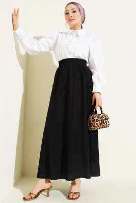 Beli Lastikli Kurdele Detaylı Etek Siyah - Etek
