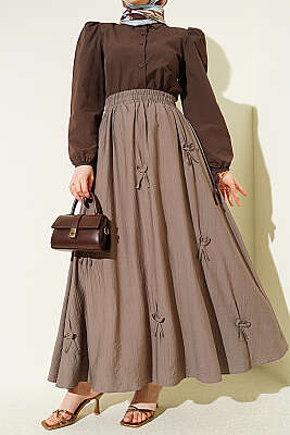 Beli Lastikli Kurdele Detaylı Etek Vizon - ALİ AKKAYA