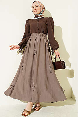 Beli Lastikli Kurdele Detaylı Etek Vizon - Etek