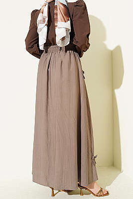 Beli Lastikli Kurdele Detaylı Etek Vizon - Etek