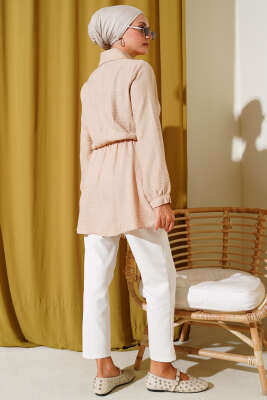 Beli Lastikli Kurdeleli Gömlek Bej - Yılın Fırsatı