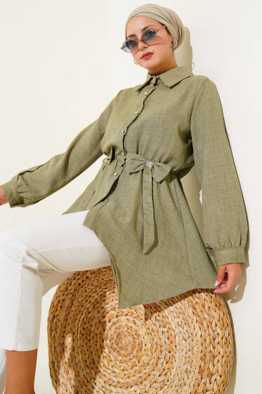 Beli Lastikli Kurdeleli Gömlek Çağla Yeşili - Gömlek