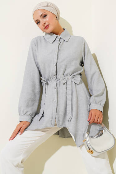 Beli Lastikli Kurdeleli Gömlek Gri - Gömlek