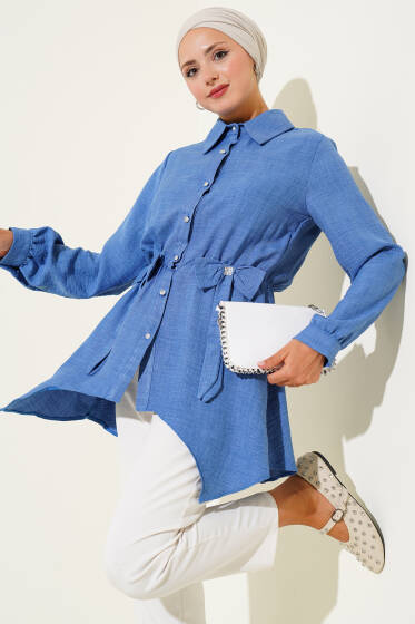 Beli Lastikli Kurdeleli Gömlek İndigo - Gömlek