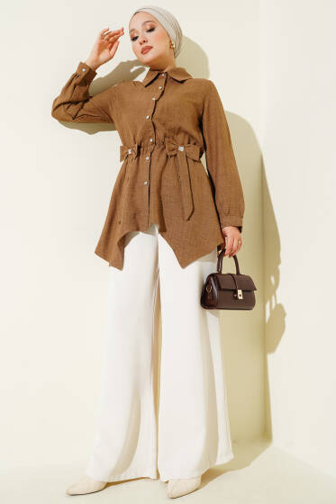 Beli Lastikli Kurdeleli Gömlek Kahve - Gömlek