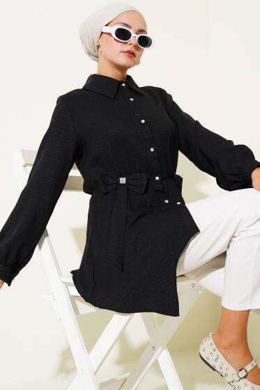 Beli Lastikli Kurdeleli Gömlek Siyah - Gömlek