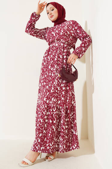 Beli Lastikli Kuşaklı Desenli Bürümcük Elbise Bordo - Elbise