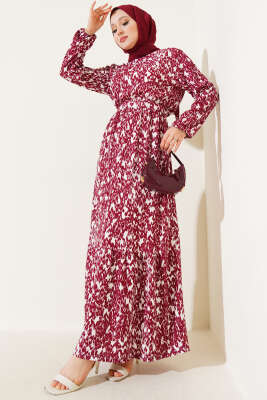 Beli Lastikli Kuşaklı Desenli Bürümcük Elbise Bordo 