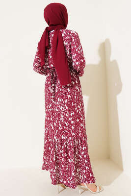 Beli Lastikli Kuşaklı Desenli Bürümcük Elbise Bordo - Tesettür Elbise