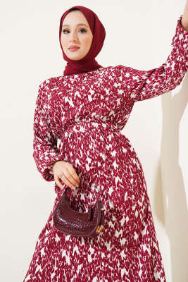 Beli Lastikli Kuşaklı Desenli Bürümcük Elbise Bordo - Tesettür Elbise