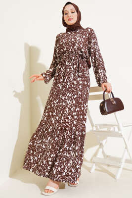 Beli Lastikli Kuşaklı Desenli Bürümcük Elbise Kahve 