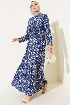 Beli Lastikli Kuşaklı Desenli Bürümcük Elbise Lacivert 