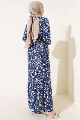 Beli Lastikli Kuşaklı Desenli Bürümcük Elbise Lacivert - Tesettür Elbise