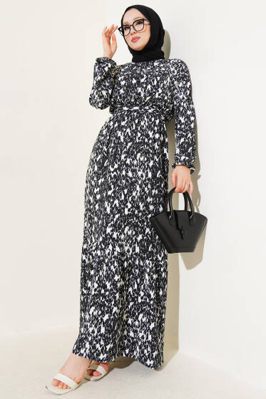 Beli Lastikli Kuşaklı Desenli Bürümcük Elbise Siyah - Elbise