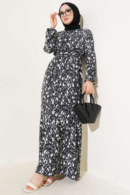 Beli Lastikli Kuşaklı Desenli Bürümcük Elbise Siyah - Tesettür Elbise
