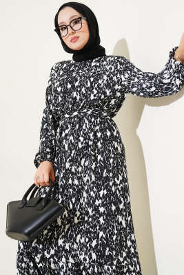 Beli Lastikli Kuşaklı Desenli Bürümcük Elbise Siyah - Tesettür Elbise