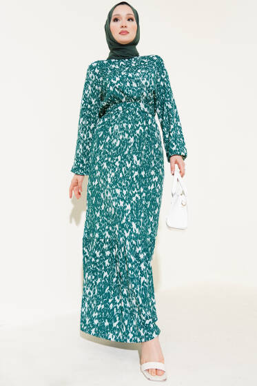 Beli Lastikli Kuşaklı Desenli Bürümcük Elbise Zümrüt - Elbise