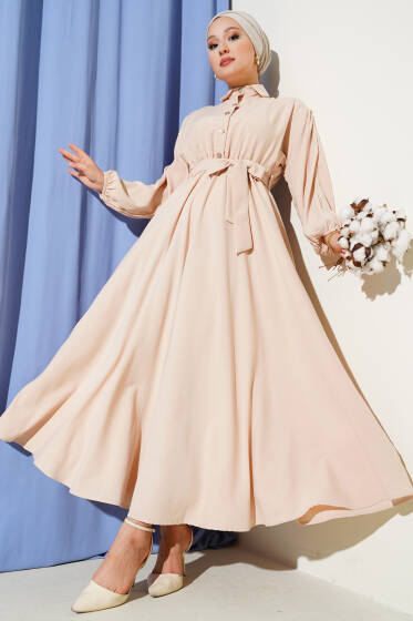 Beli Lastikli Kuşaklı Elbise Bej - Elbise