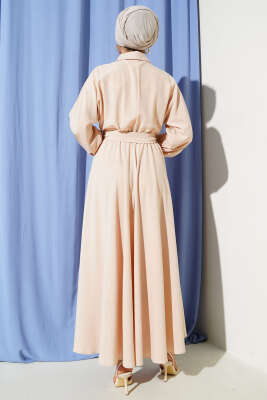 Beli Lastikli Kuşaklı Elbise Bej - Yılın Fırsatı