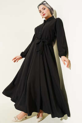 Beli Lastikli Kuşaklı Elbise Siyah - AGAS TEKSTİL