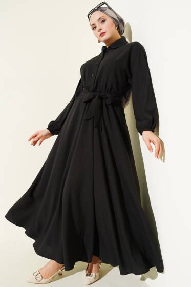 Beli Lastikli Kuşaklı Elbise Siyah - Elbise