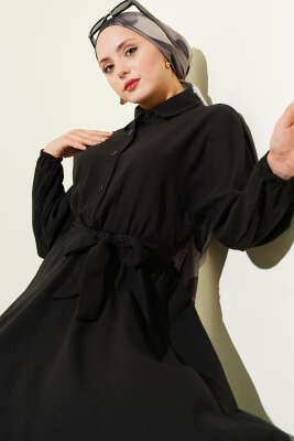 Beli Lastikli Kuşaklı Elbise Siyah - Elbise