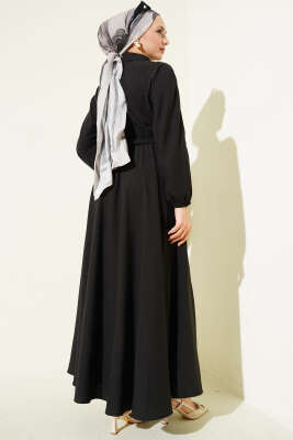 Beli Lastikli Kuşaklı Elbise Siyah - Elbise