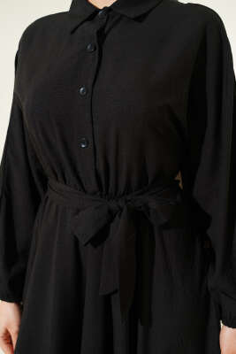 Beli Lastikli Kuşaklı Elbise Siyah - Elbise