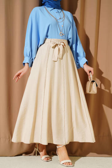 Beli Lastikli Kuşaklı Kloş Etek Bej - Etek