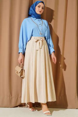 Beli Lastikli Kuşaklı Kloş Etek Bej - Etek