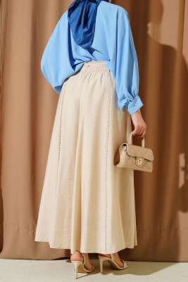 Beli Lastikli Kuşaklı Kloş Etek Bej - Etek