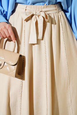 Beli Lastikli Kuşaklı Kloş Etek Bej - Etek