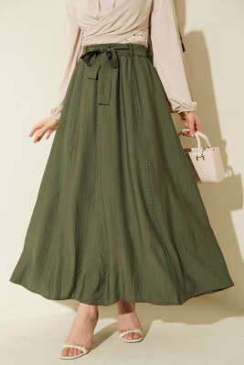 Beli Lastikli Kuşaklı Kloş Etek Haki - ALİ AKKAYA