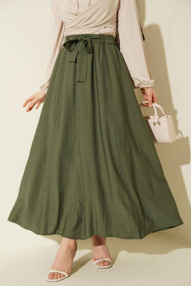 Beli Lastikli Kuşaklı Kloş Etek Haki - Etek