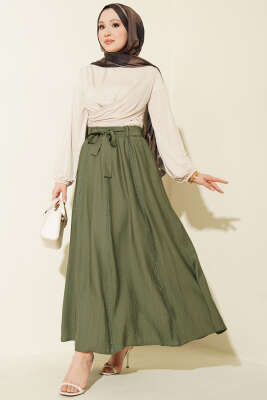 Beli Lastikli Kuşaklı Kloş Etek Haki - Etek