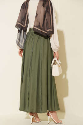 Beli Lastikli Kuşaklı Kloş Etek Haki - Etek