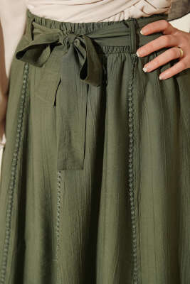 Beli Lastikli Kuşaklı Kloş Etek Haki - Etek