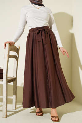 Beli Lastikli Kuşaklı Kloş Etek Kahve - ALİ AKKAYA